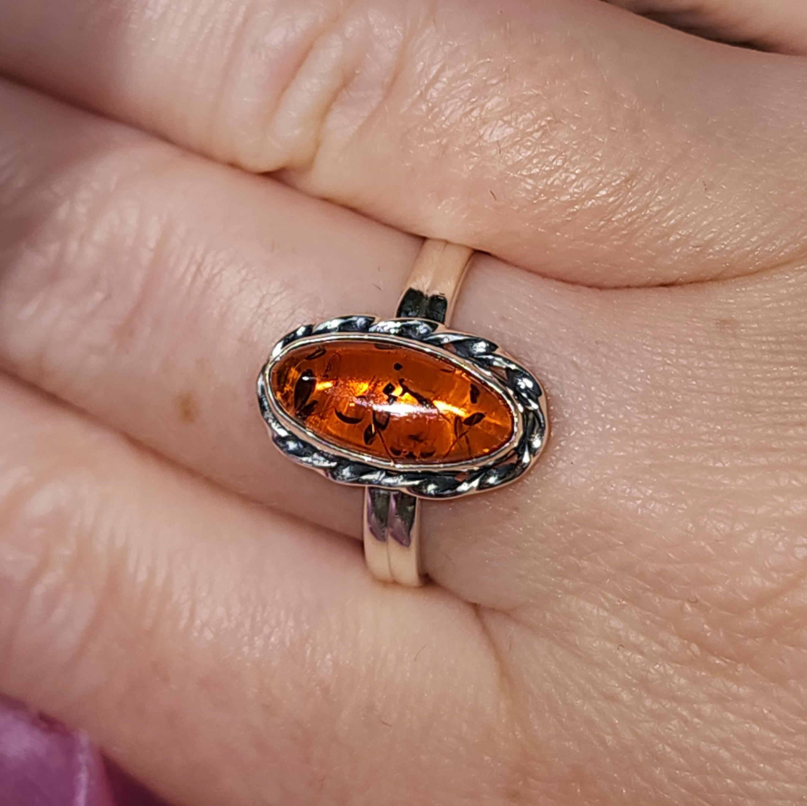 Amber Silver ring - size 8