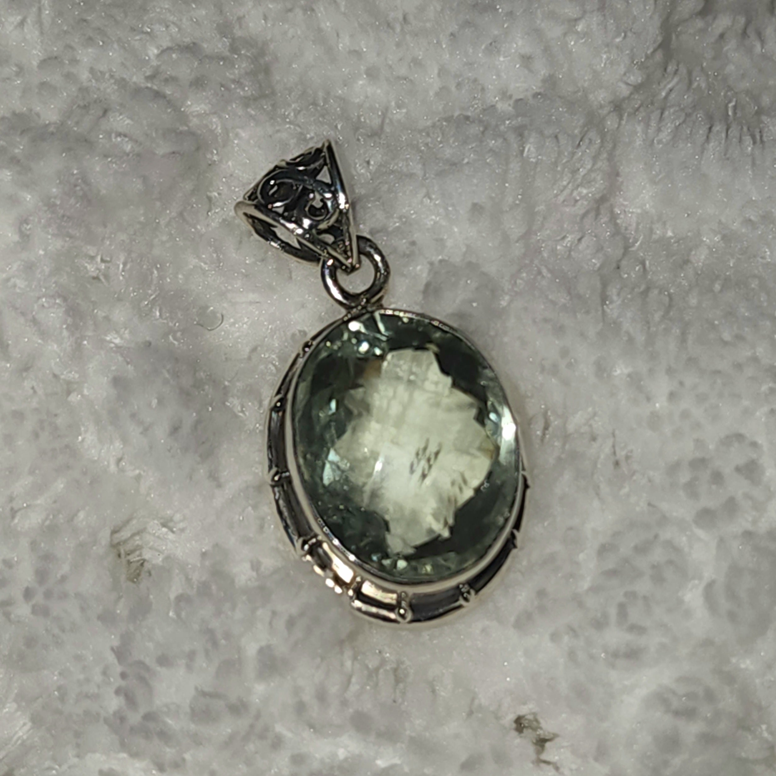 Green Amethyst faced silver necklace